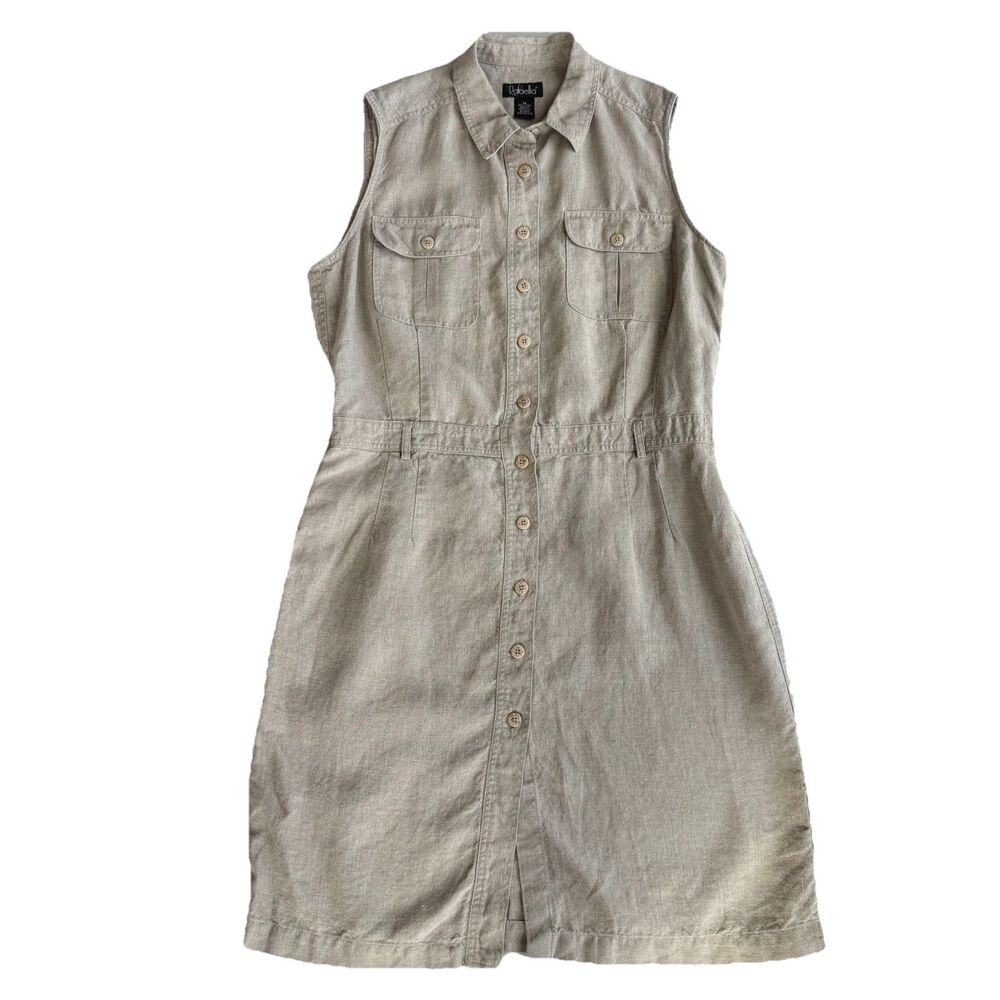 VTG Rafaella Women’s Size 14 100% Linen Beige Button Up Midi Dress Utility Chic
